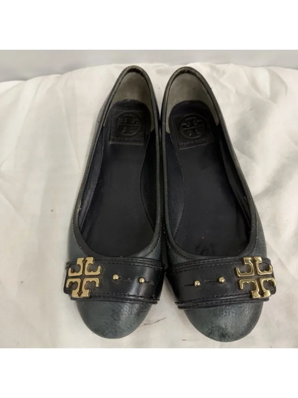 Tory Burch Reva Faded Teal Leather Ballet Flats Gold Logo Medallion Women’s 6.5M
